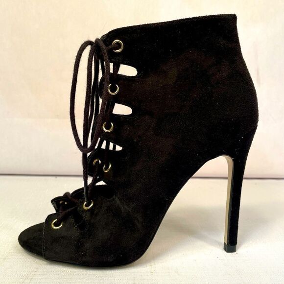 Black Faux Suede Lace Up Peep Toe Heels - Picture 1 of 4